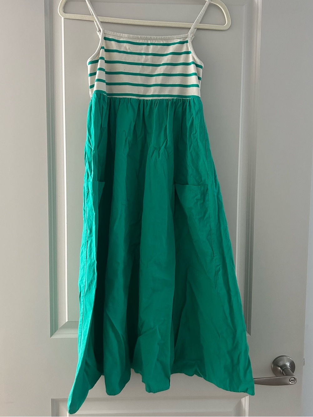 Anthropologie Green & White Striped Maxi Dress Size SP Cotton Pockets